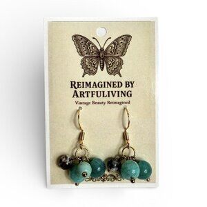 Reimagined Aqua Glass Bead Dangle Earrings Gold Silver